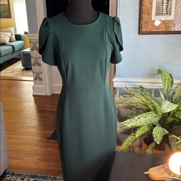 Calvin Klein Dark Emerald Green Midi Work Dress Sheath cap sleeve tulip sleeve - Picture 3 of 7